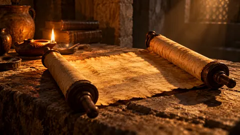 An open parchment scroll on a stone table beside an oil lamp.