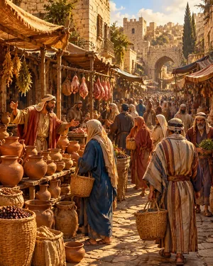 Vendors calling out in a crowded ancient marketplace street