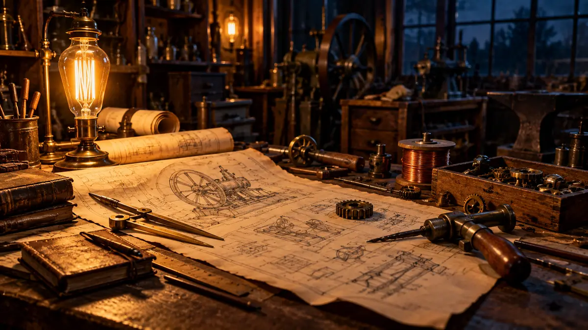 An old inventor's workbench with blueprints, brass tools, and a glowing light bulb