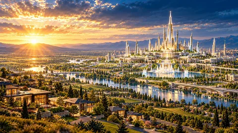 Zion, the New Jerusalem, a shining city on an American plain at sunrise
