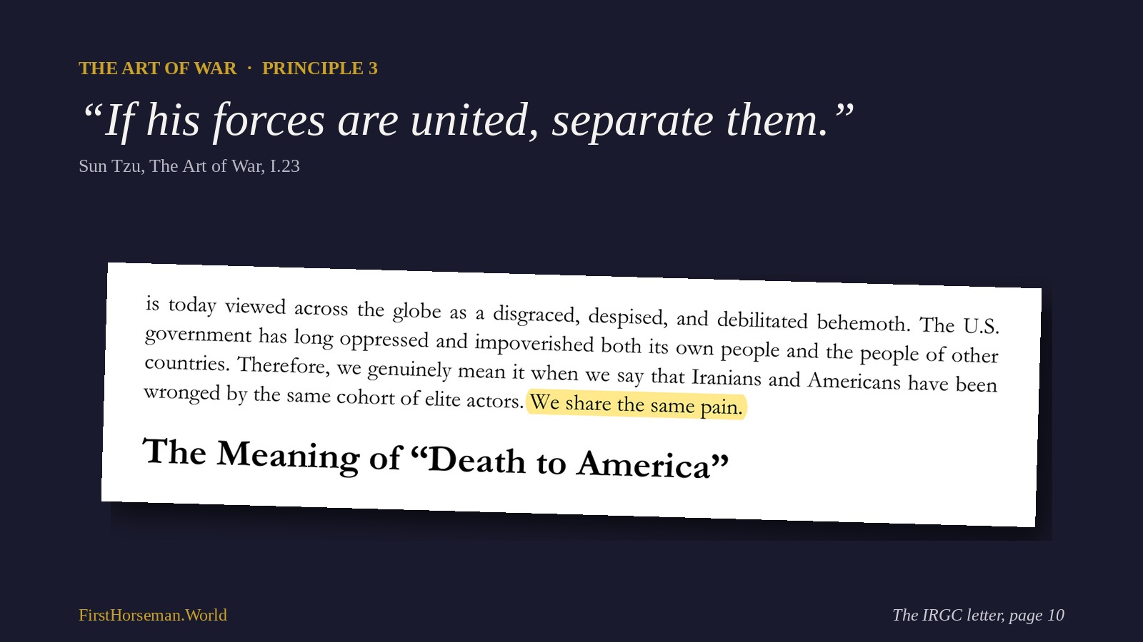 Sun Tzu: If his forces are united, separate them, beside a highlighted passage from page 10 of the IRGC letter