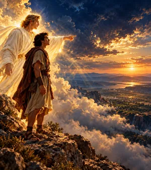 Nephi on a mountaintop as an angel points out the vision across the sky