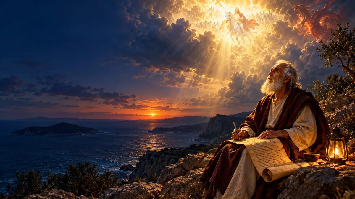 The apostle John on the island of Patmos writing on a scroll as the vision opens in the sky above him