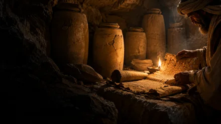 An ancient scroll unrolled by lamplight in a Dead Sea cave beside clay scroll jars