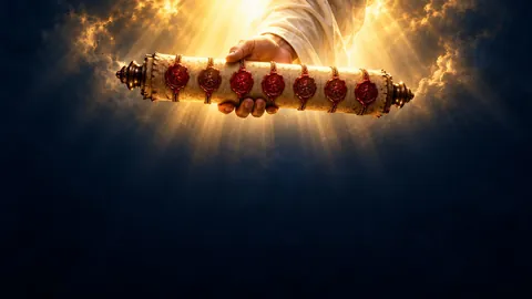 A hand reaching out of golden light holding a scroll bound with seven unbroken seals