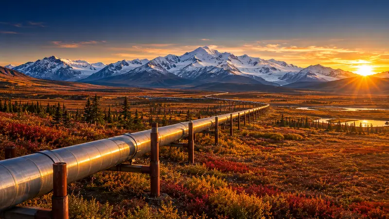 A natural gas pipeline crossing Alaskan tundra toward snow-capped mountains