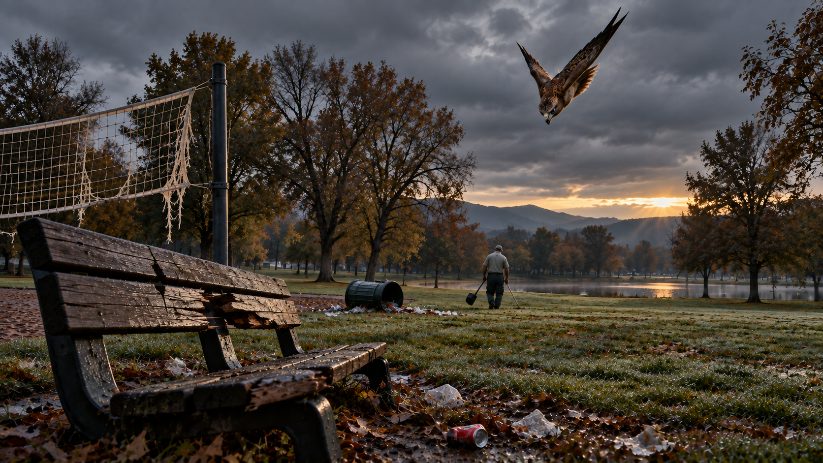 A vandalized park bench and torn volleyball net at sunrise, with a hawk diving from the sky above the trees.