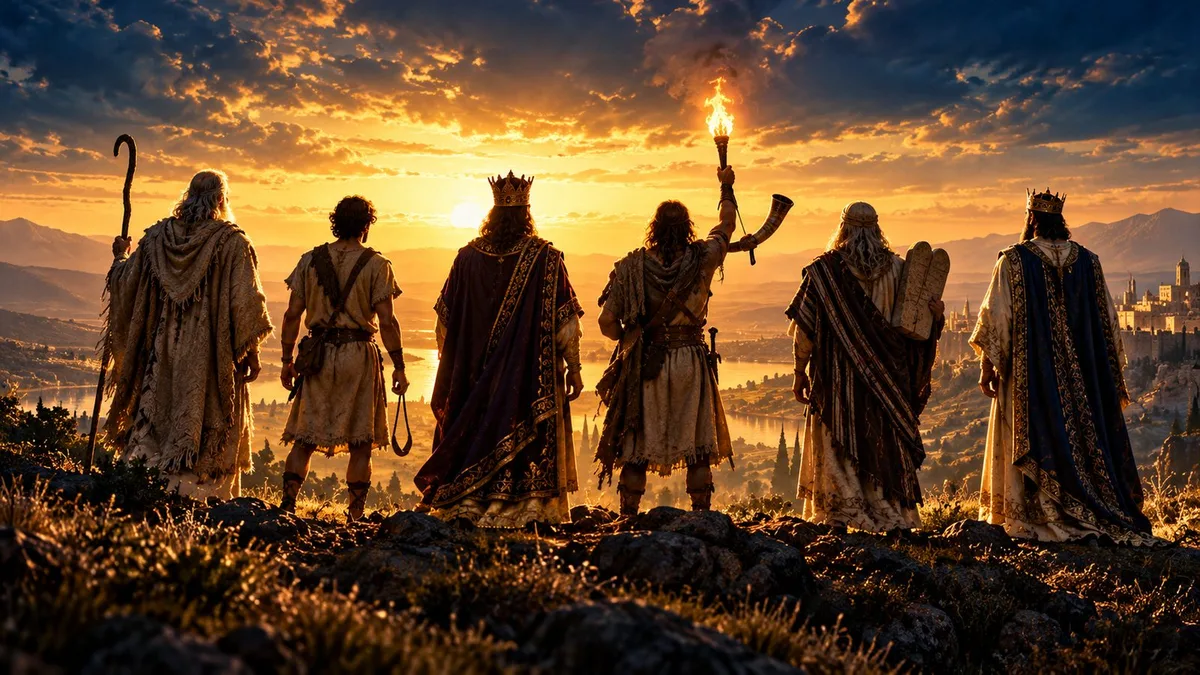 Heroes of ancient Israel standing on a hilltop at sunrise, types of the latter-day Davidic servant in Isaiah