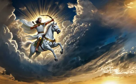 A crowned rider on a white horse with a bow, charging out of the clouds