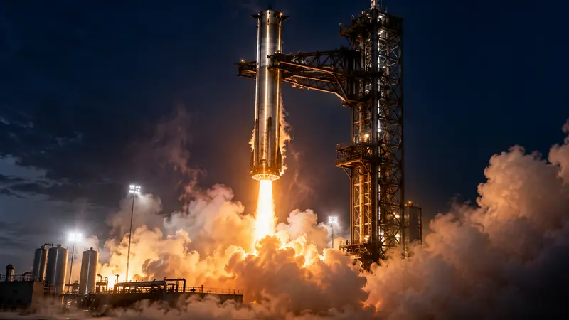 A stainless steel rocket booster beside its launch tower at night