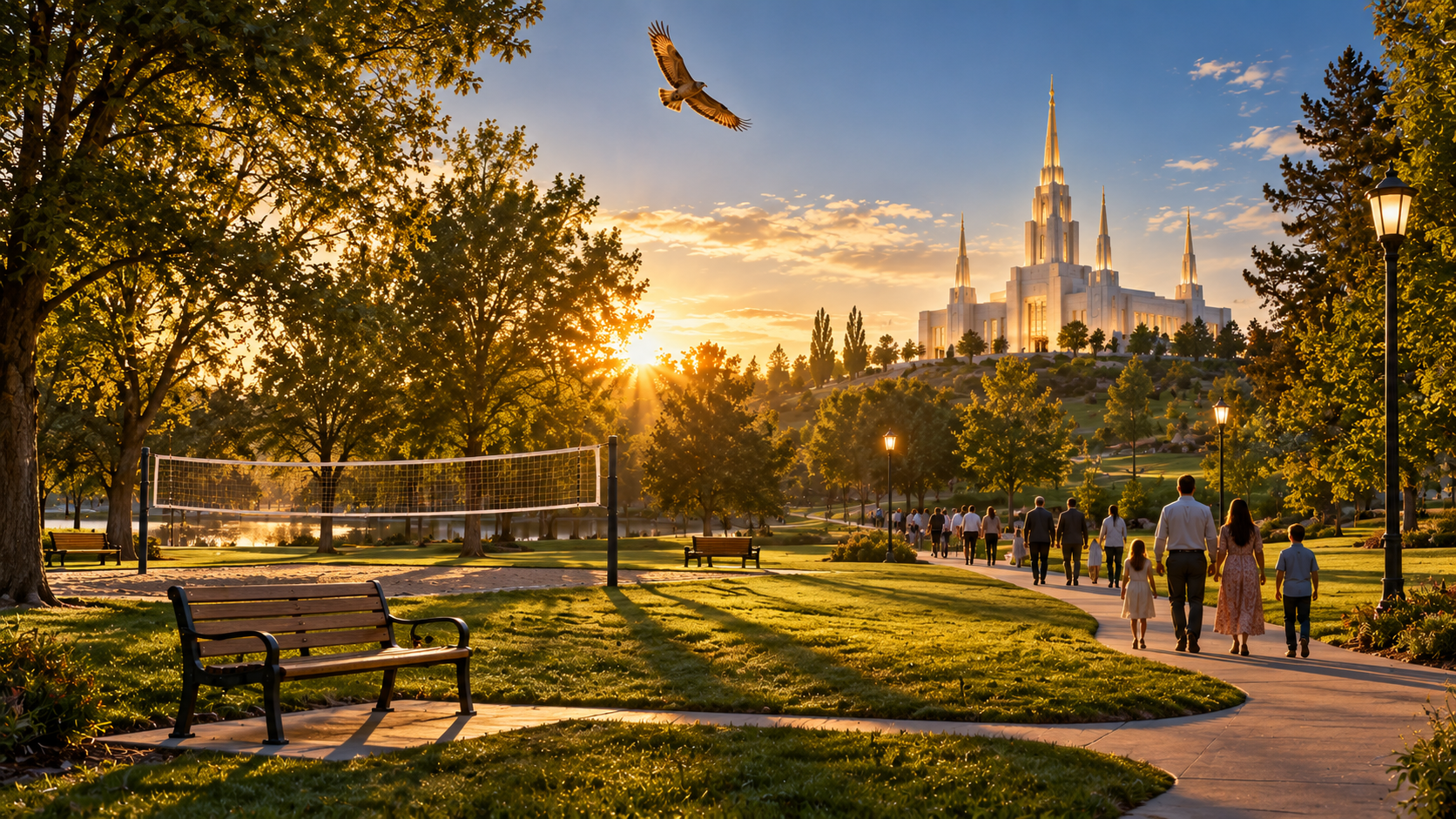 A restored park at sunrise with people walking the paths toward a white temple on a hill, and a hawk soaring overhead.