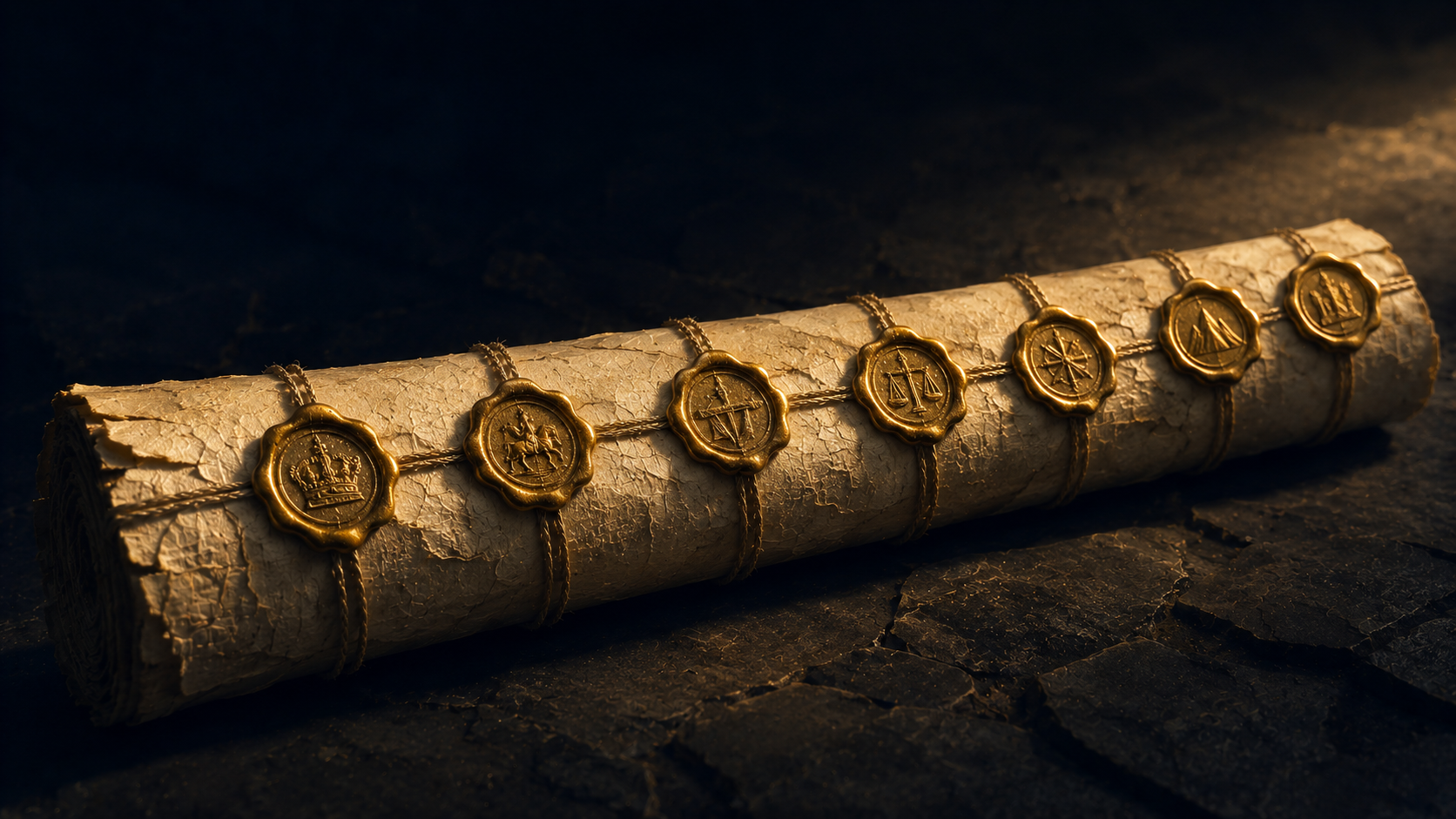 An ancient scroll bound with seven unbroken golden wax seals resting on dark stone