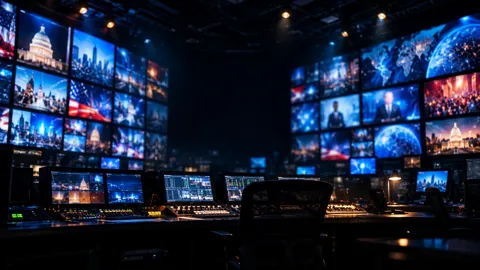 Dark television control room with a wall of glowing news monitors