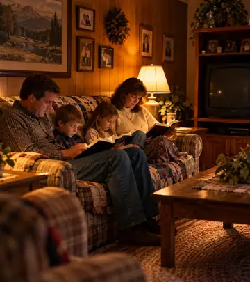 Parents and children reading together in a warm living room with the television off