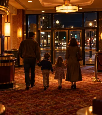 Parents leading their children out through a movie theater lobby at night