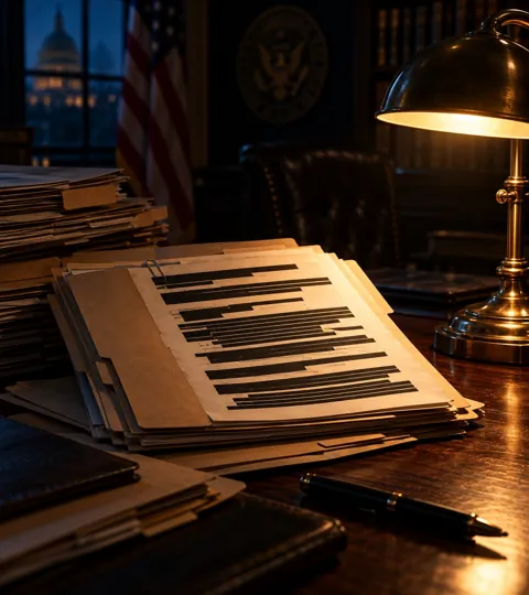 Stack of government files with black redaction bars under a desk lamp