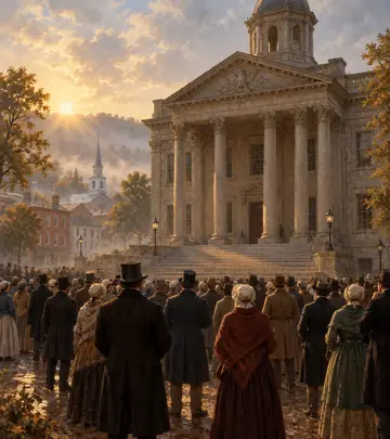 People gathered outside a historic stone courthouse at dawn