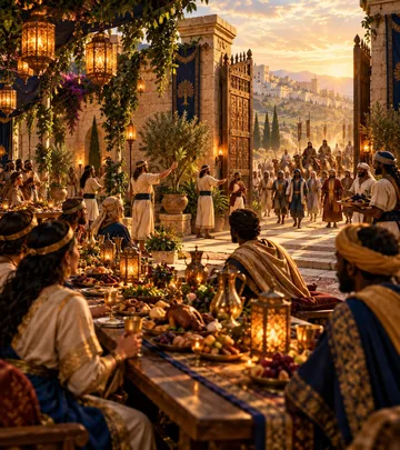 The king's wedding feast, with servants welcoming travelers from every nation through the gates