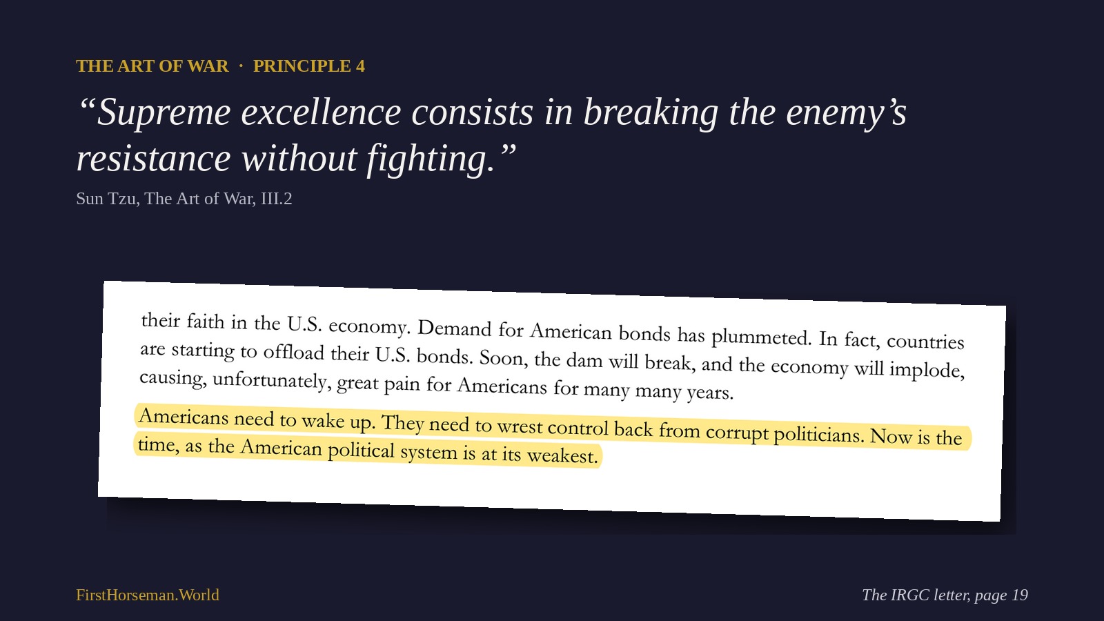Sun Tzu: Breaking the enemy's resistance without fighting, beside a highlighted passage from page 19 of the IRGC letter