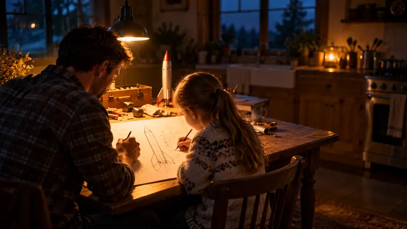 A father and daughter sketching a rocket design at the kitchen table