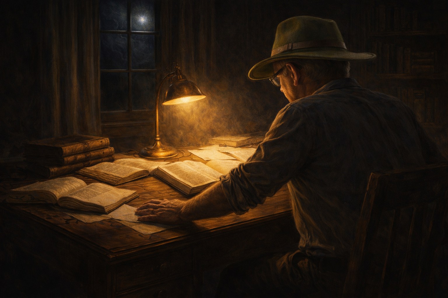 Kelly Smith studying scriptures by lamplight at a desk in the early morning hours