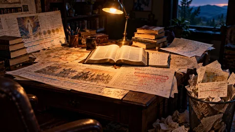 A desk covered with prophecy charts and timelines, with crumpled charts thrown in a wastebasket beside an open Bible