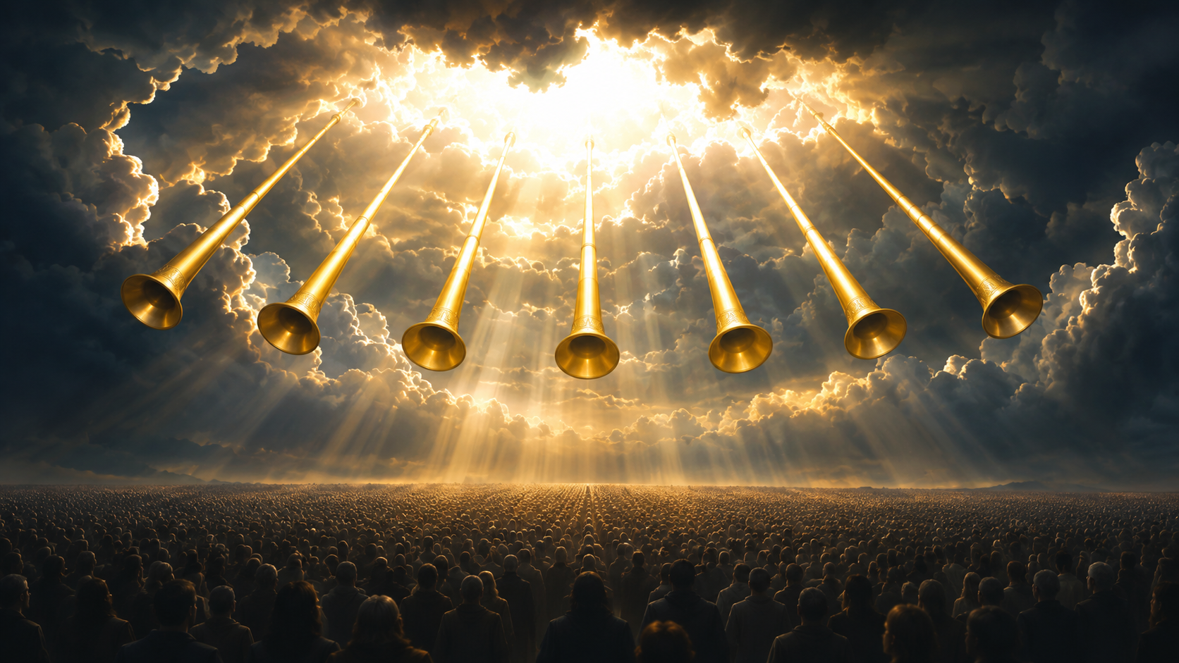 Seven golden trumpets descending through storm clouds above a crowd