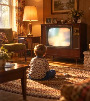 A child sitting on the rug in front of an old wood-cabinet television
