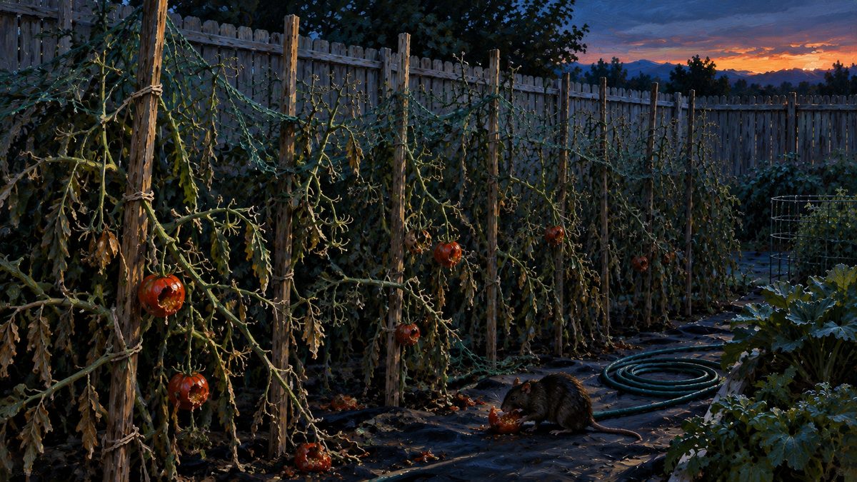 Rat caught on a garden trail camera at night among tomato plants