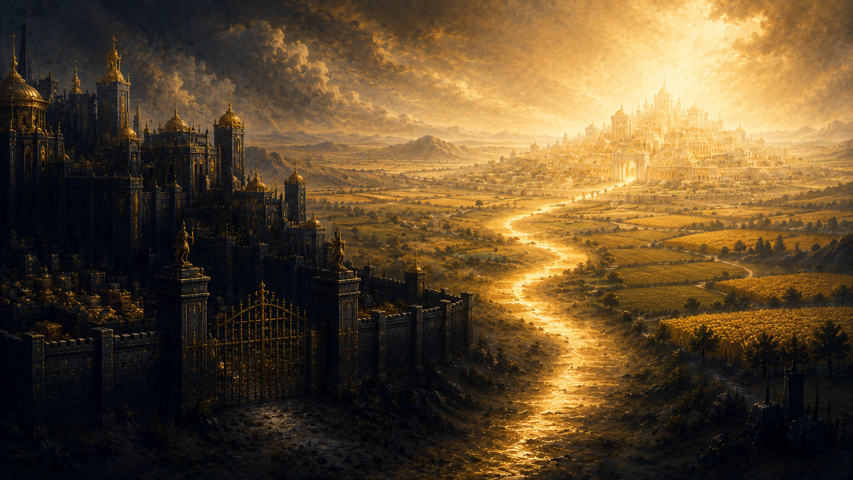 A dark fortified Babylon on the left with a luminous golden city of Zion on the right, a glowing river running between them