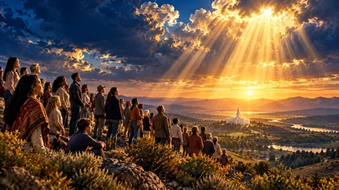 Saints of many nations gathered on a hillside as light descends from the clouds, with a temple in the valley below