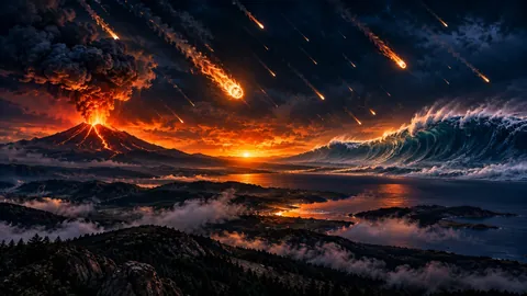 Meteors falling from a dark sky over an erupting volcano and a great ocean wave