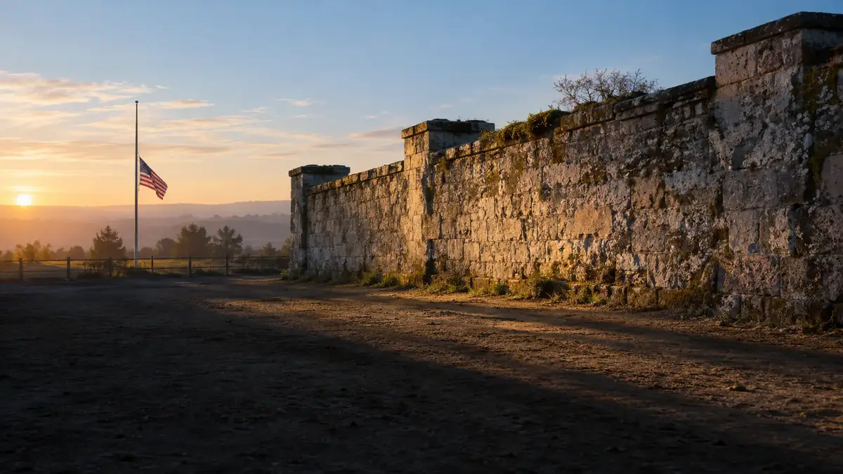 Sunlit stone wall and an American flag at dawn