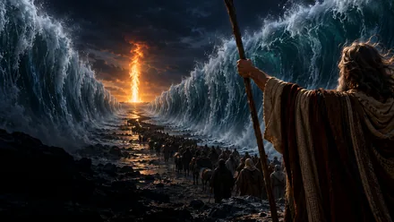 Moses stretching out his staff as Israel crosses the parted Red Sea