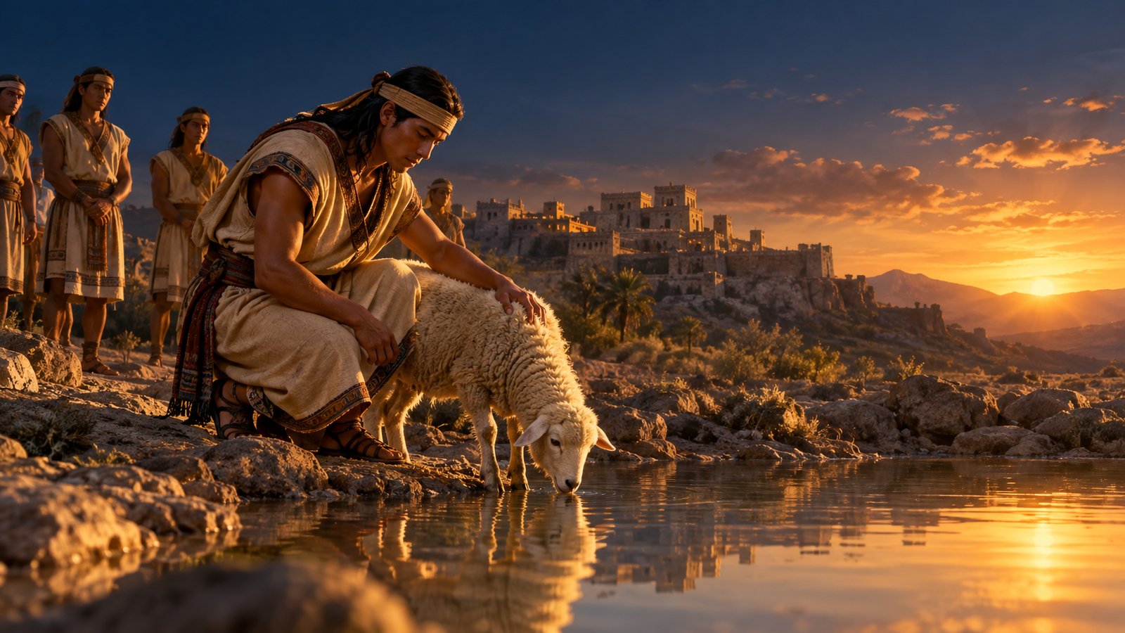 Ammon serving King Lamoni beside a lamb at sunset, with an ancient city in the background