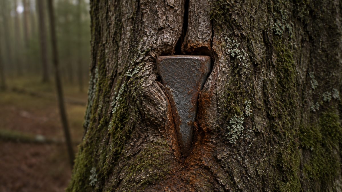 A tree trunk split apart by a storm, revealing an iron wedge long forgotten in its crook
