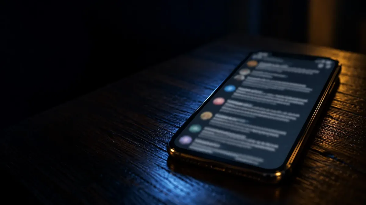 A smartphone glowing on a dark wooden table, its screen filled with a thread of blurred comments