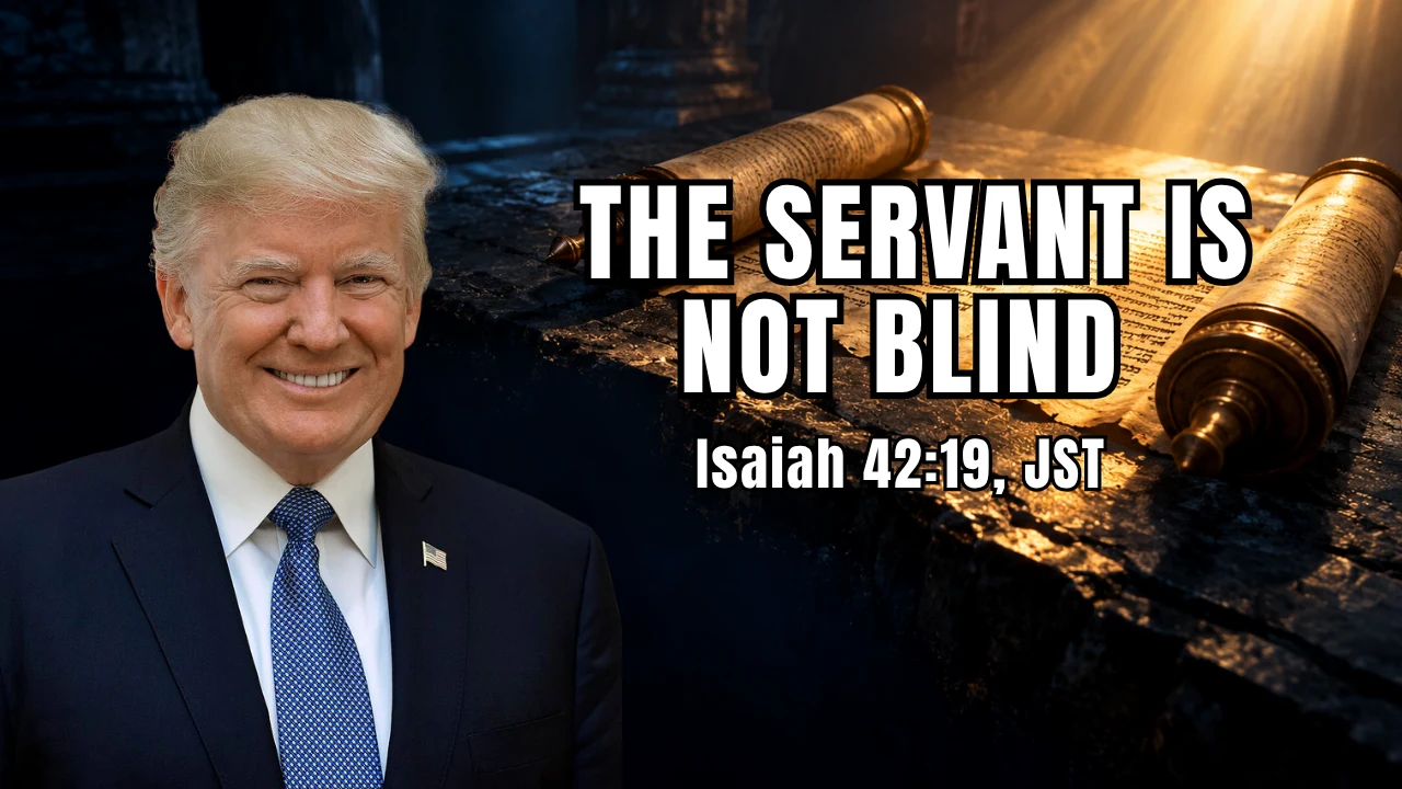 Donald Trump beside a scroll with the words The Servant Is Not Blind — Isaiah 42:19, JST