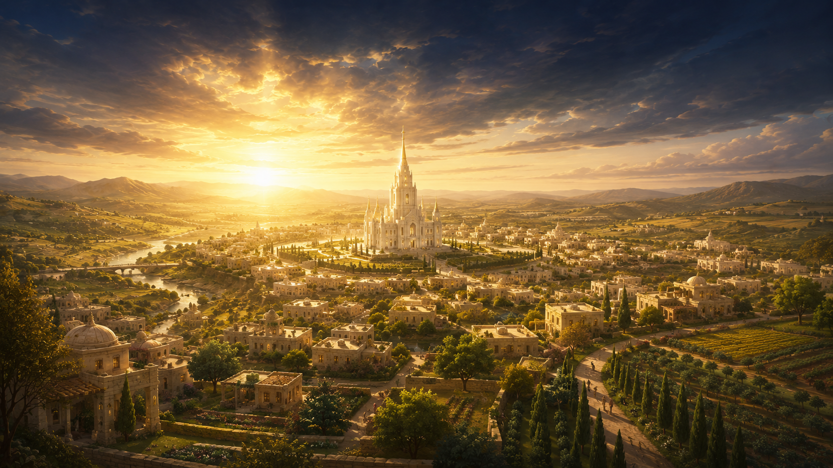 A radiant white temple at the center of Zion, glowing under a golden sunrise over rolling hills and orderly homes