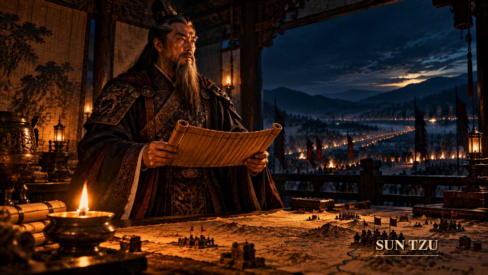 Sun Tzu holding a bamboo scroll over a battlefield map, illustrating the Art of War