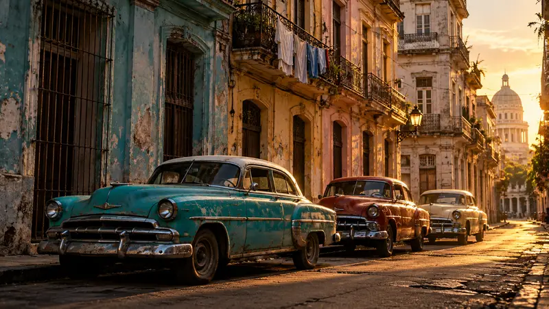 Classic 1950s American cars parked on a weathered street in Old Havana