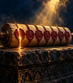 A scroll bound with seven red wax seals, the first seal beginning to crack with golden light