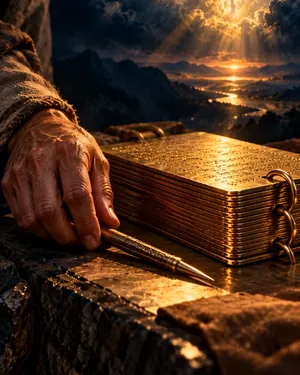 An ancient hand setting down a stylus beside the gold plates, with a vision of a white horse in the sky above