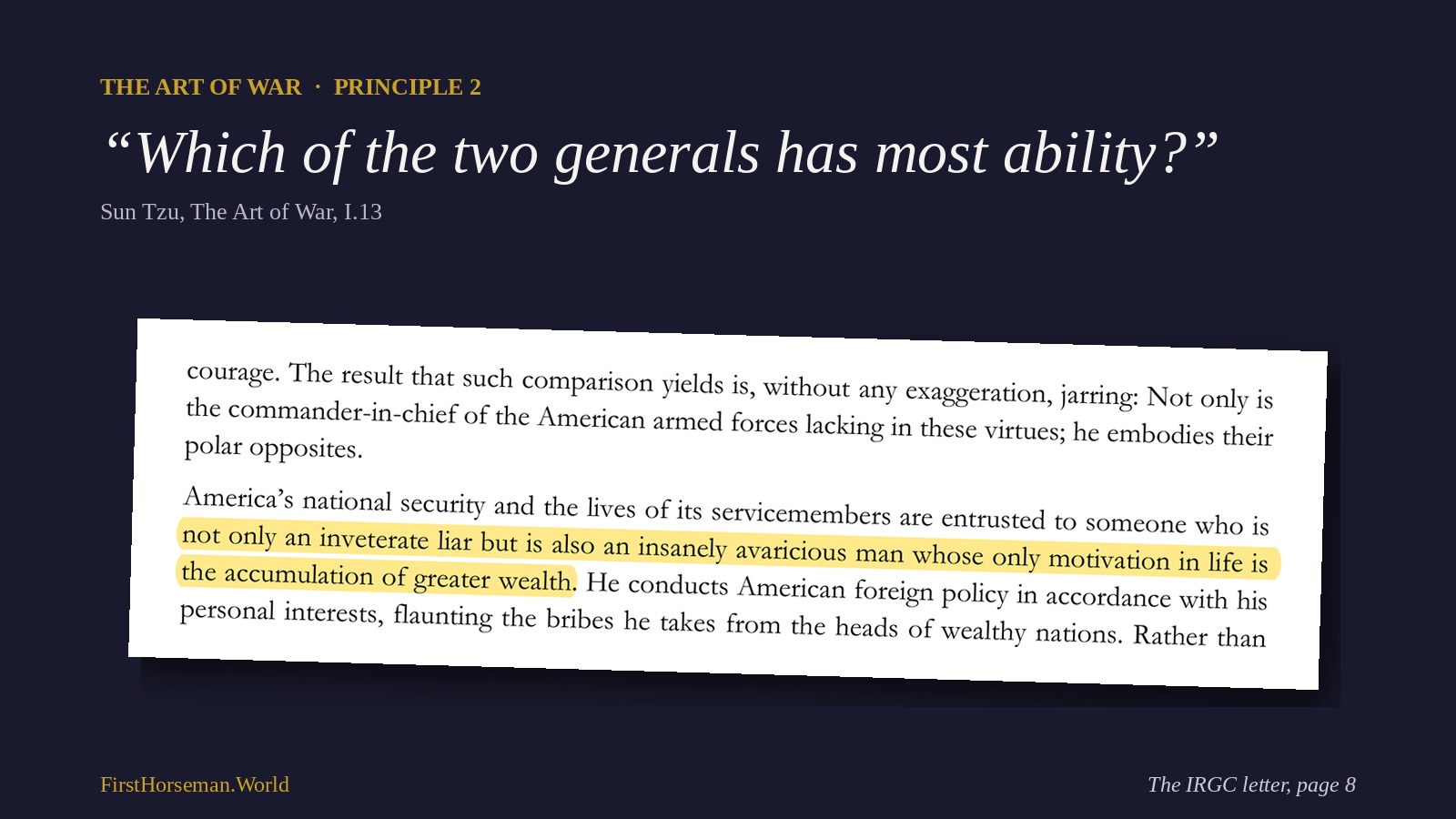 Sun Tzu: Which of the two generals has most ability, beside a highlighted passage from page 8 of the IRGC letter