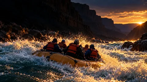A river raft holding steady through whitewater in a canyon at sunset, everyone in life jackets and holding on
