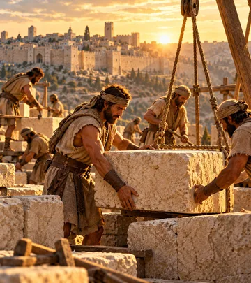 Workers laying temple foundation stones at sunrise below the walls of Jerusalem