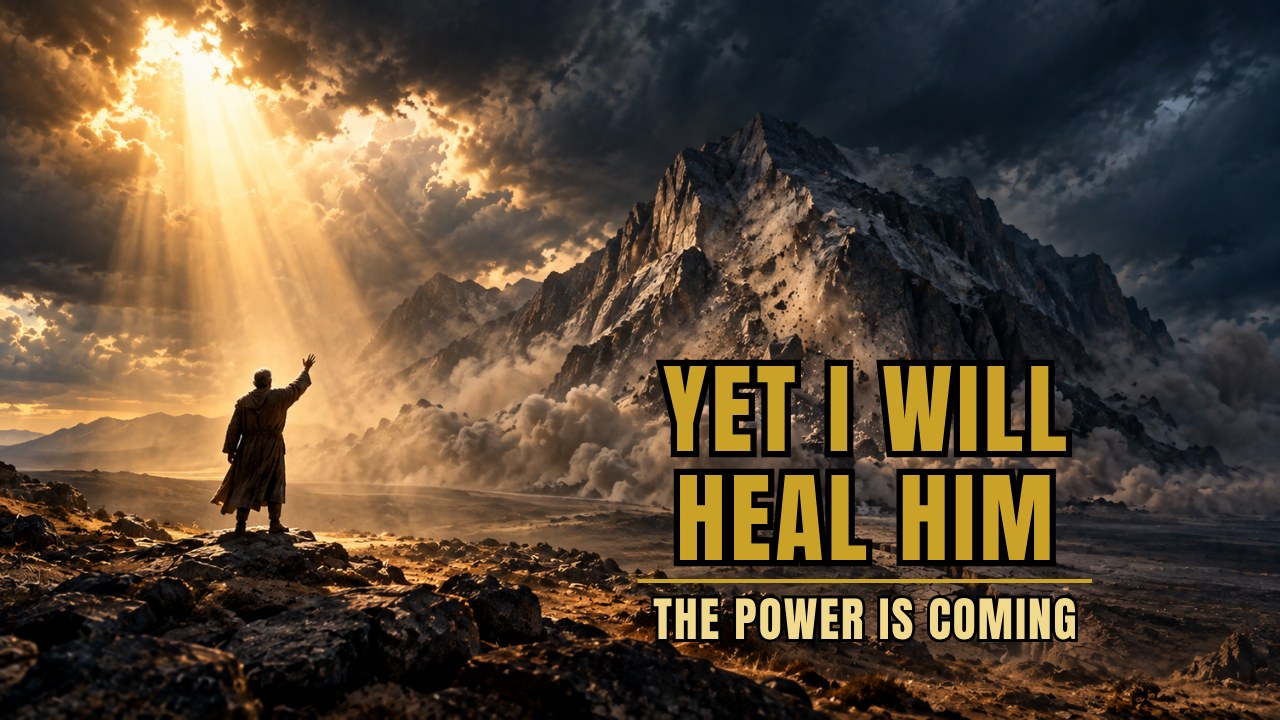 A man raises his hand in faith as a massive rocky mountain moves beneath rays of golden light breaking through storm clouds