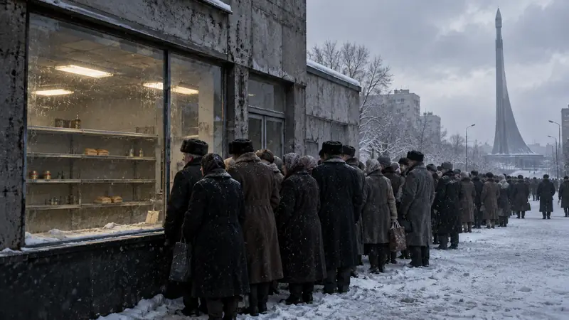 A long line of people in winter coats outside a nearly empty Soviet-era store