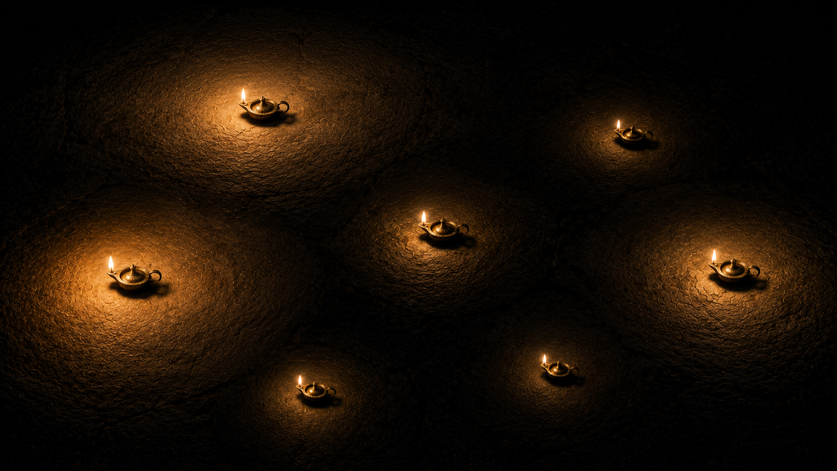 Six oil lamps burning in the dark, each lighting its own circle of ground — an image of separate, bounded stewardships
