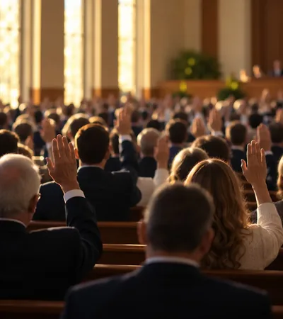 A congregation seen from behind, raising their right hands in a sustaining vote